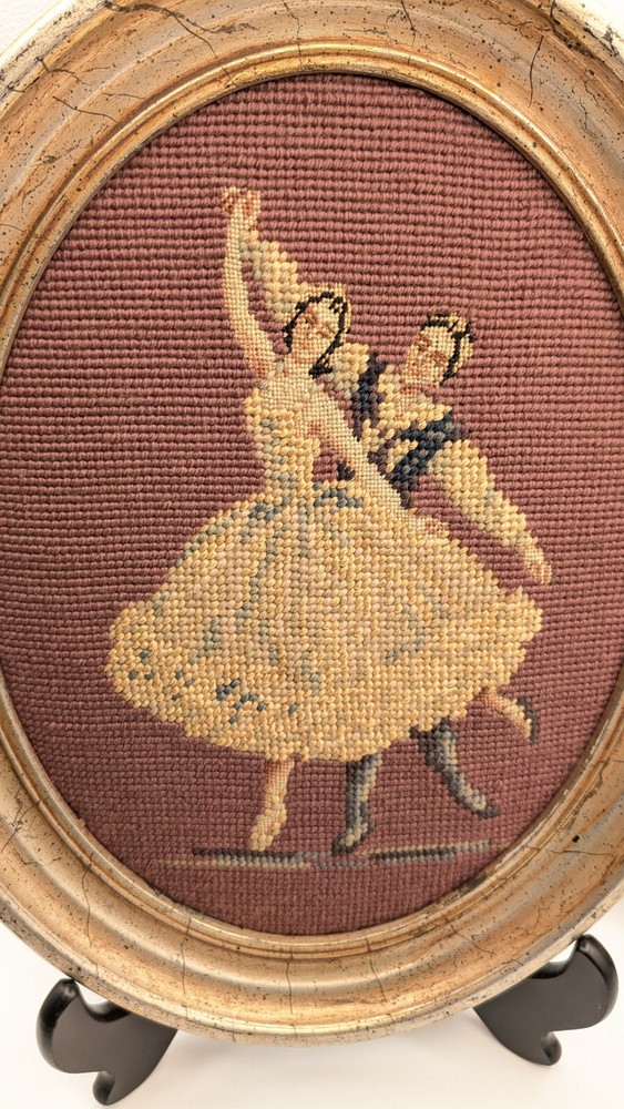 Vtg Needlepoint Ballet Dancing Couples Set of 2 Gilded Oval Frames Opera