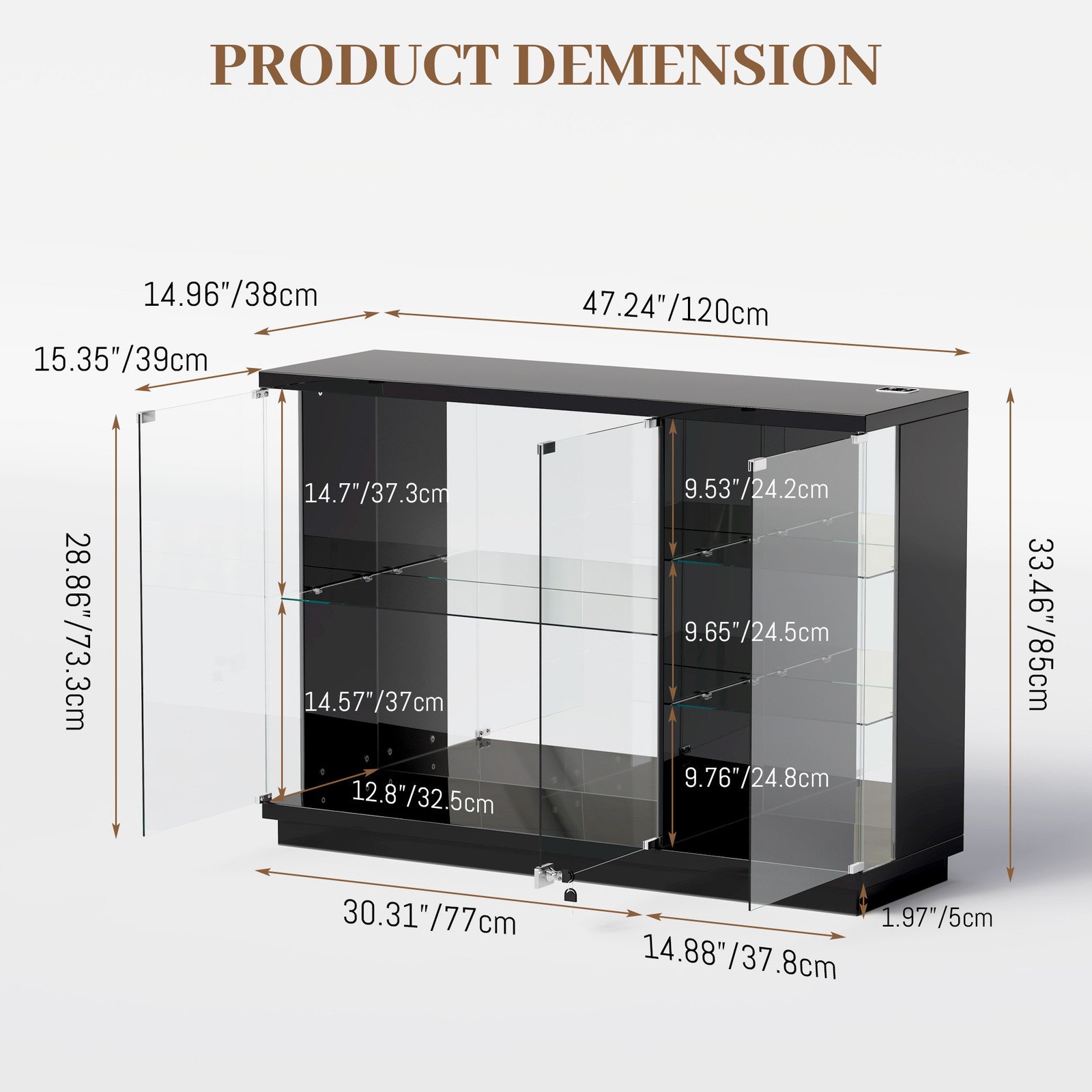 Black Glass Display Case with LED Light for Collectibles, Lockable Curio Cabinet