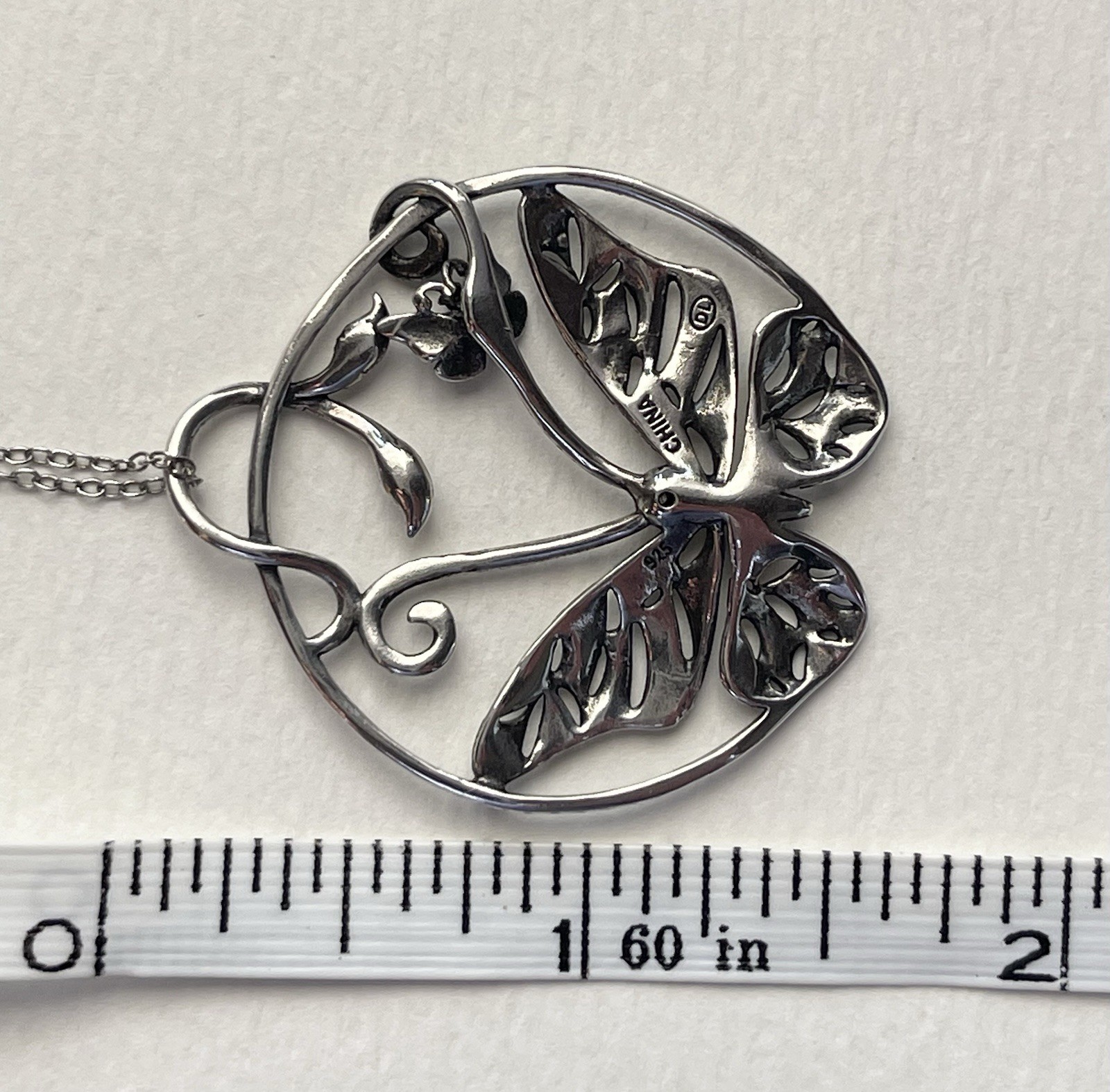 Sterling Silver Butterfly Hoop Earrings & Pendant Necklace 18” Set Signed 925 DL