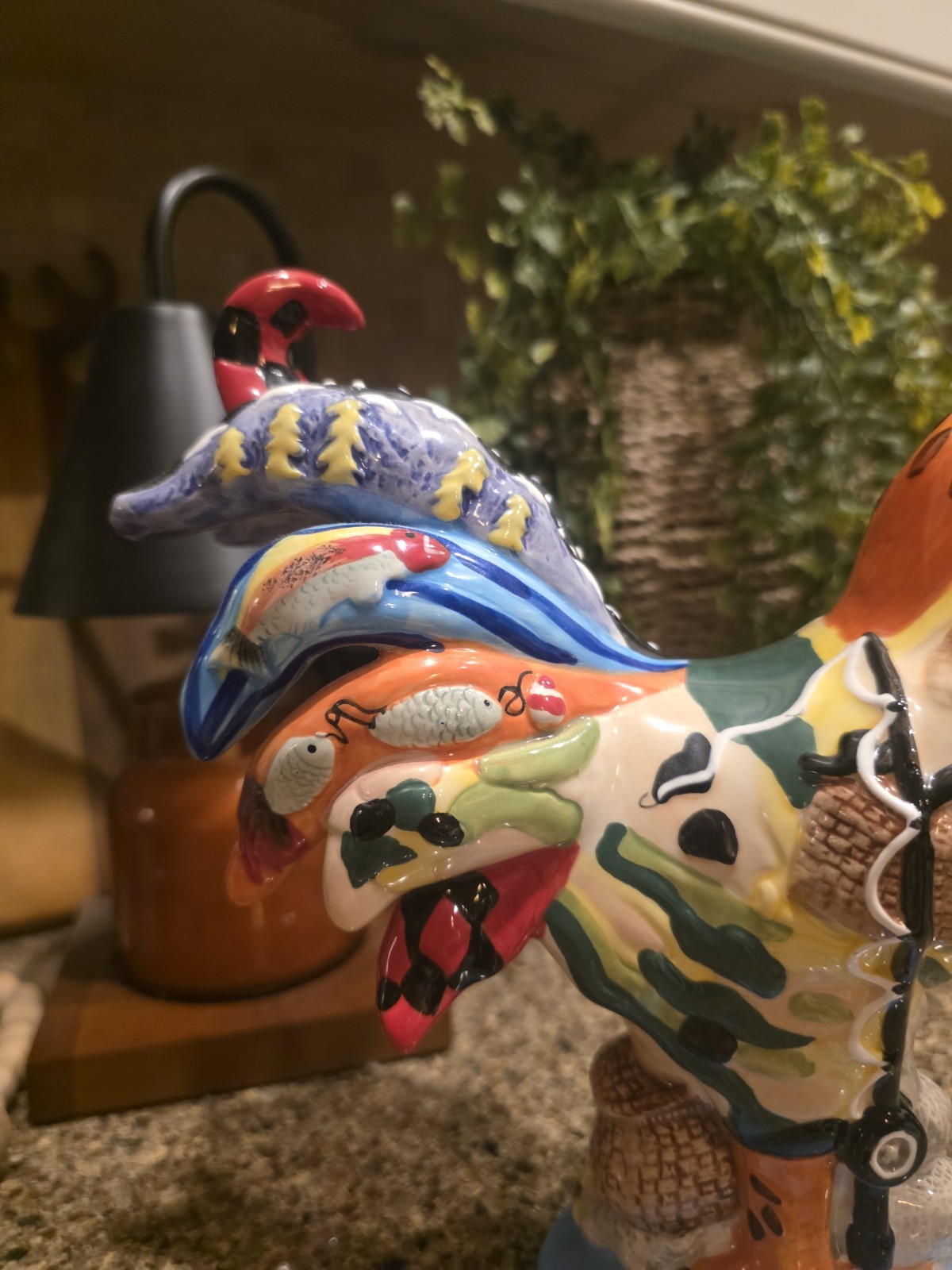 Rare Sharon Neuhaus Poultry In Motion Rocky Mountain Ceramic Rooster Fishing