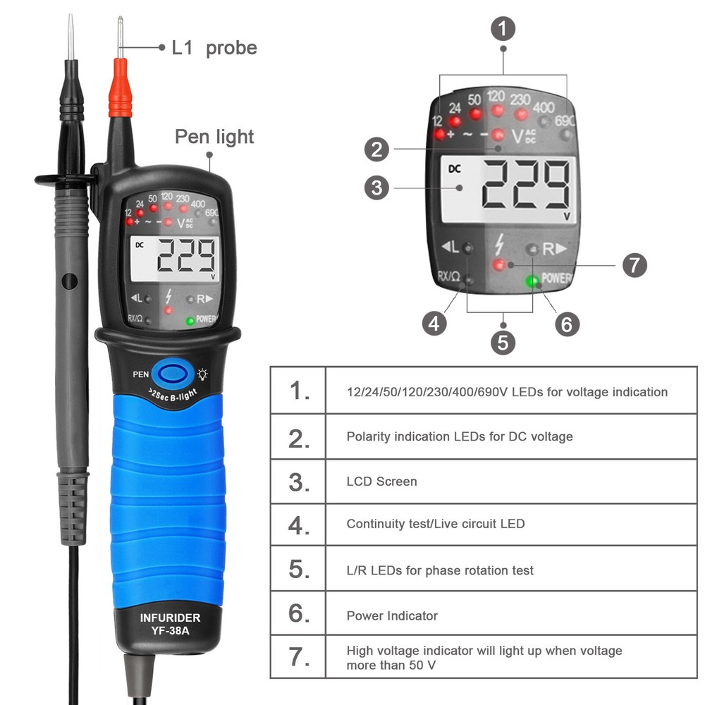 Digital AC DC Voltage Continuity Tester 3-phase Voltage Phase Rotation Voltmeter