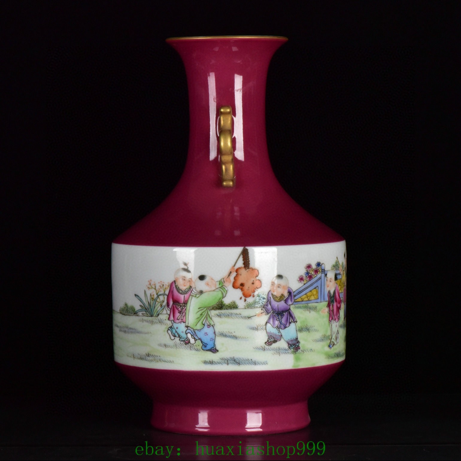 15.7"Purple Glaze Famille Rose Porcelain Gilt Tongzi Kid Boy 2 Ear Bottle Vase