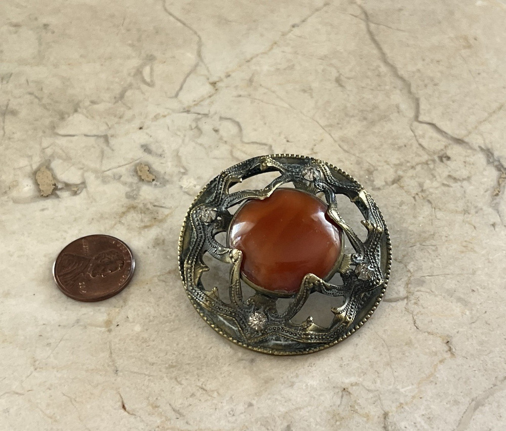 Antique Ornate Large 2" Brass & Orange Stone Agate Paste Button
