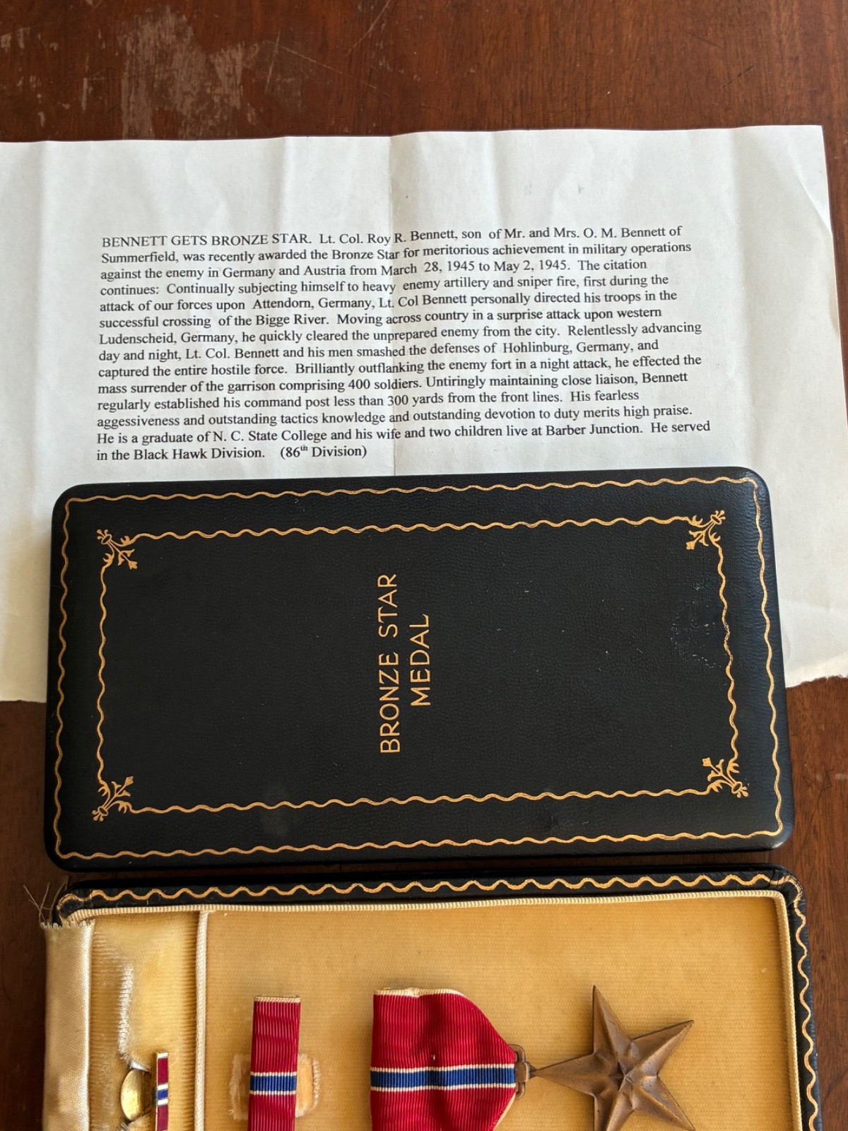 bronze star medal wwii - (w case, clipping, and docs) awarded to Lt Col R.B