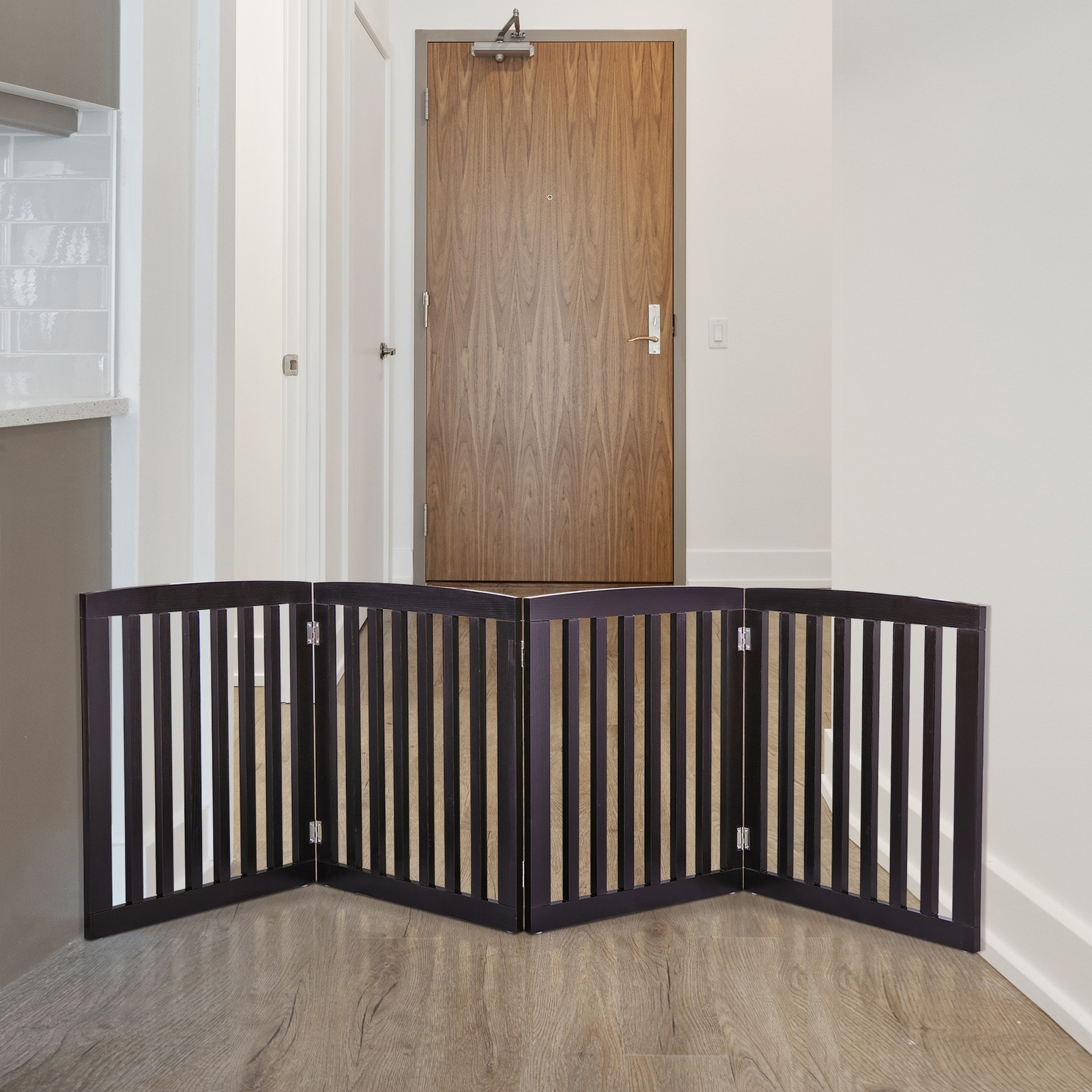 Freestanding Pet Dog Gate 4 Panels Indoor Foldable Dog Fence for Stairs Brown