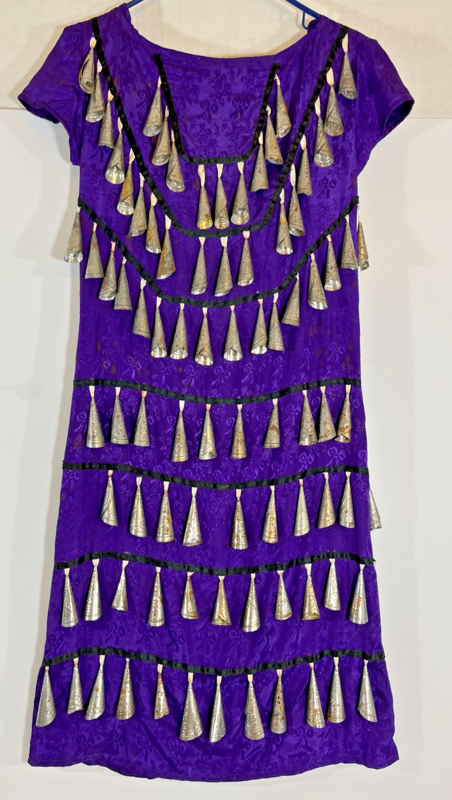 Rare Vintage Ojibwe Jingle Dance Dress Purple Brocade w/ ±175 Tin Cones 1950-60s