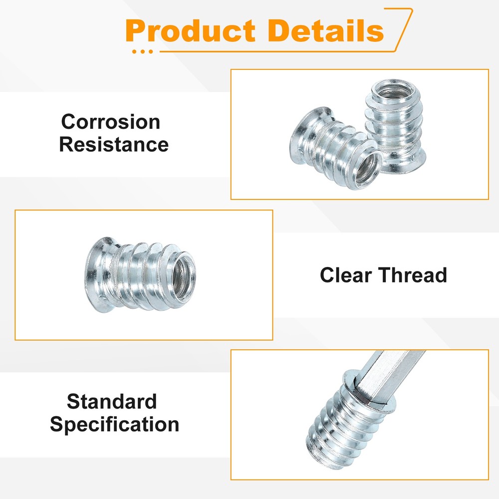 50 Pcs Threaded Insert for Wood, 1/4" - 20 Threaded Studs 15mm Length, Silver