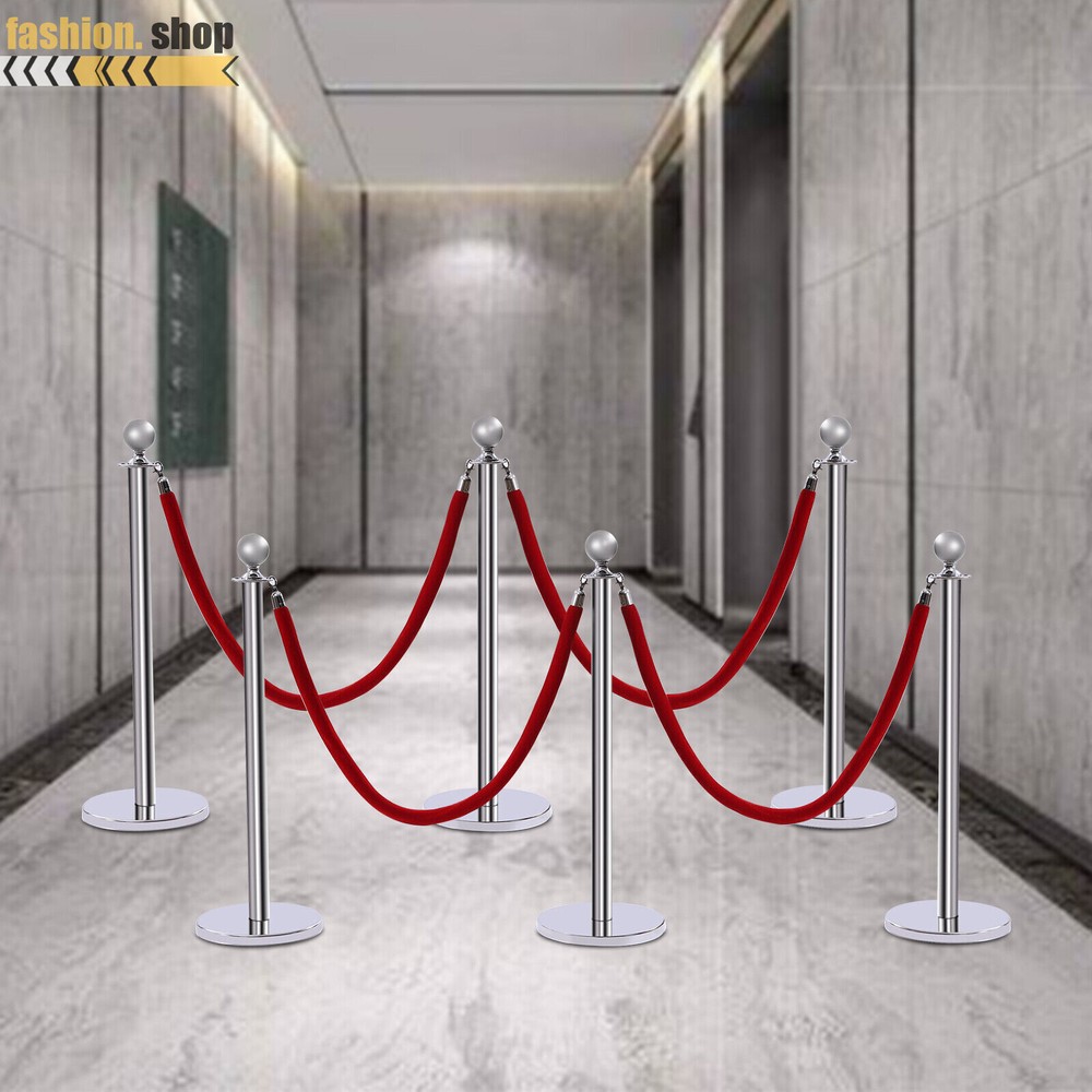 6Pcs Stanchion Posts with 4 Velvet Ropes Crowd Control Queue Pole Barrier