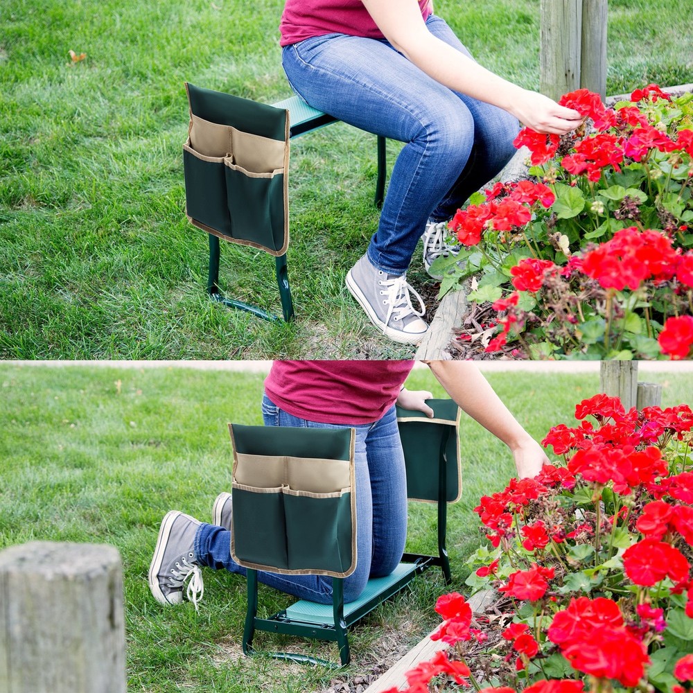Foldable Garden Kneeler & Stool W/ Tool Pouches Green