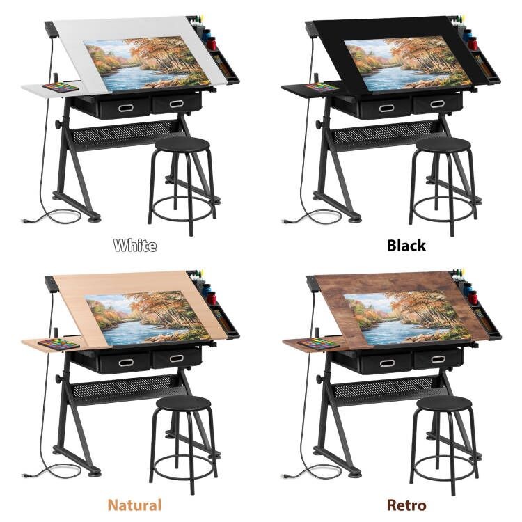 Drafting Drawing Table 9 Levels Adjustable angle w/ Stool Arts & Crafts 3 Colors
