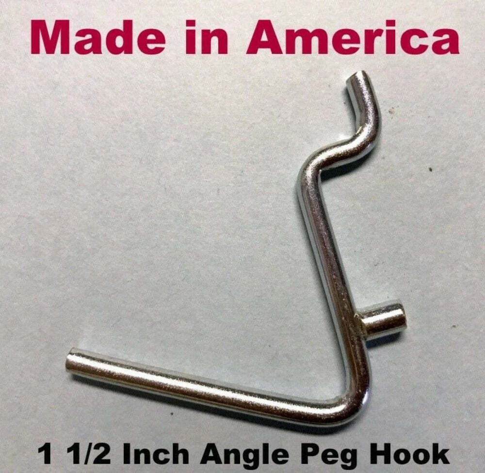 (100 PACK) Angle 1 1/2" Metal Peg Garage Hanger Hooks. 1/8 to 1/4 Inch Pegboard