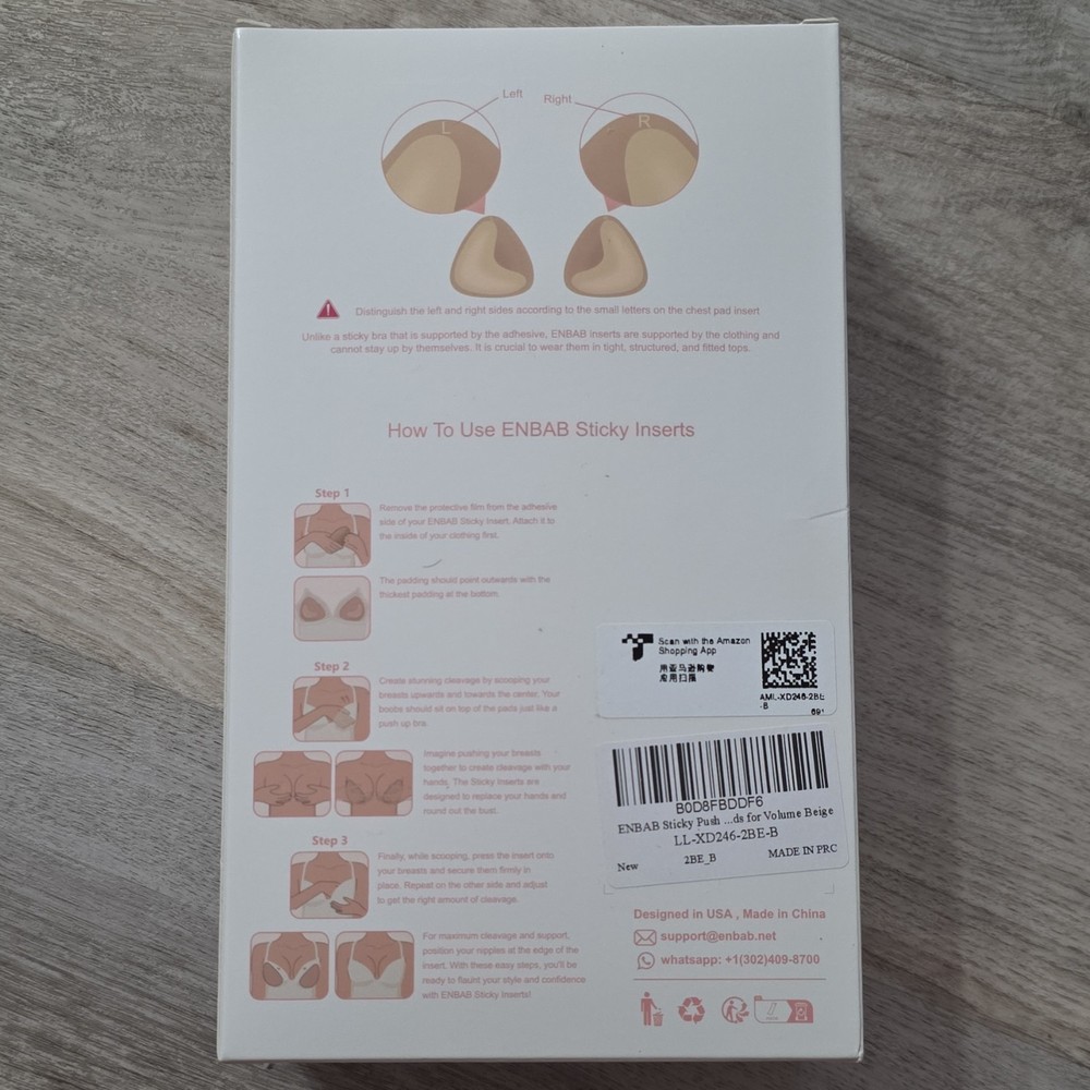 ENBAB Double-Sided Push Up Bra Inserts Triangular Beige Washable Reusable