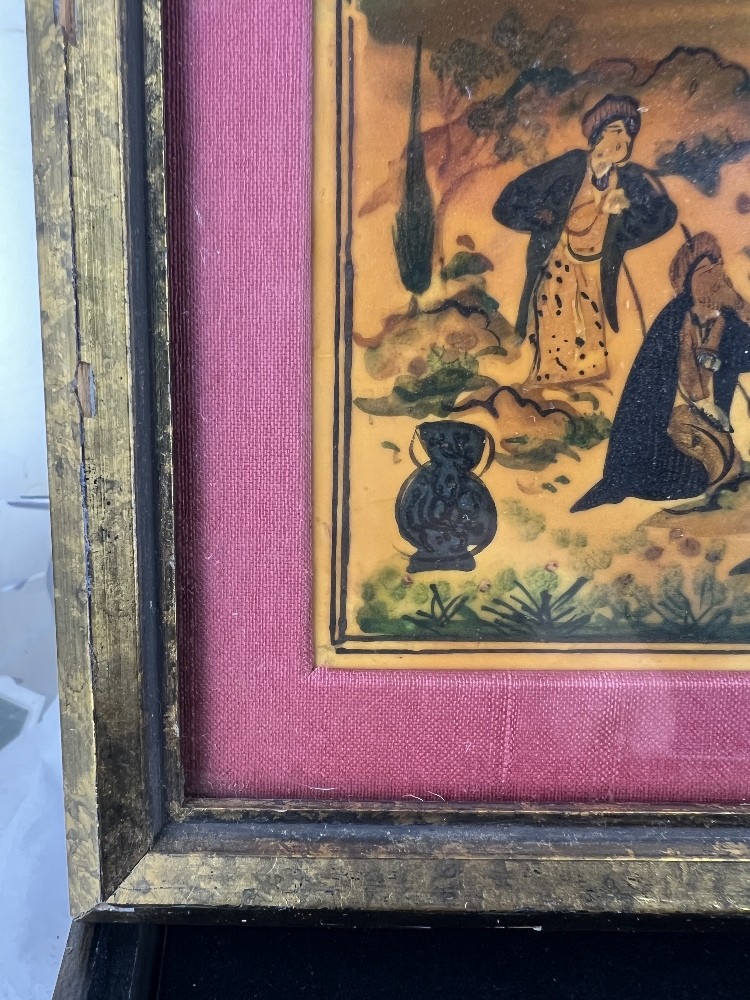 Vtg Middle Eastern Framed Small Hand-Painted Gathering Scene on Camel Bone