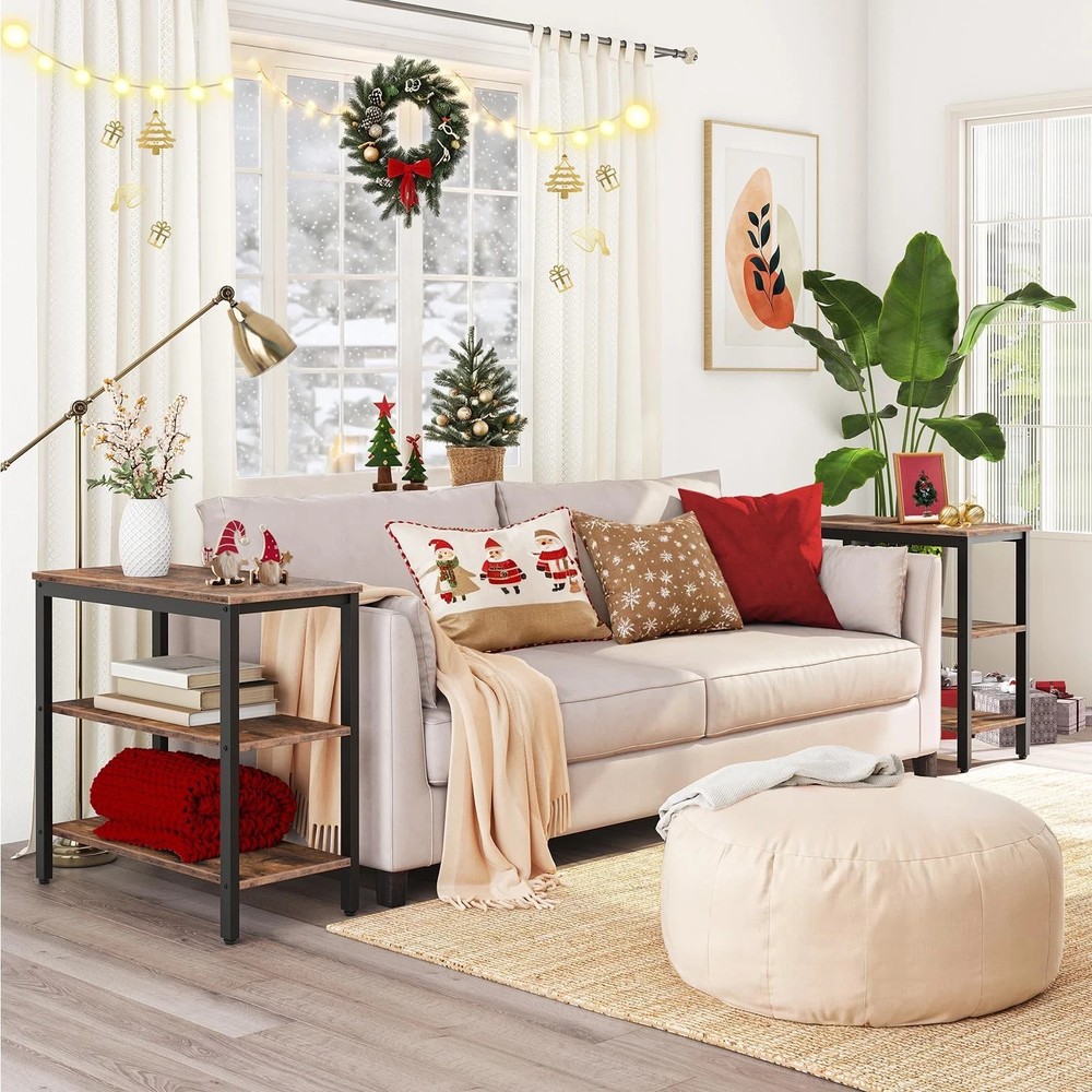 End Table, Simple Rustic Side Table with 3-Tier Storage Shelf, Narrow Nightst...