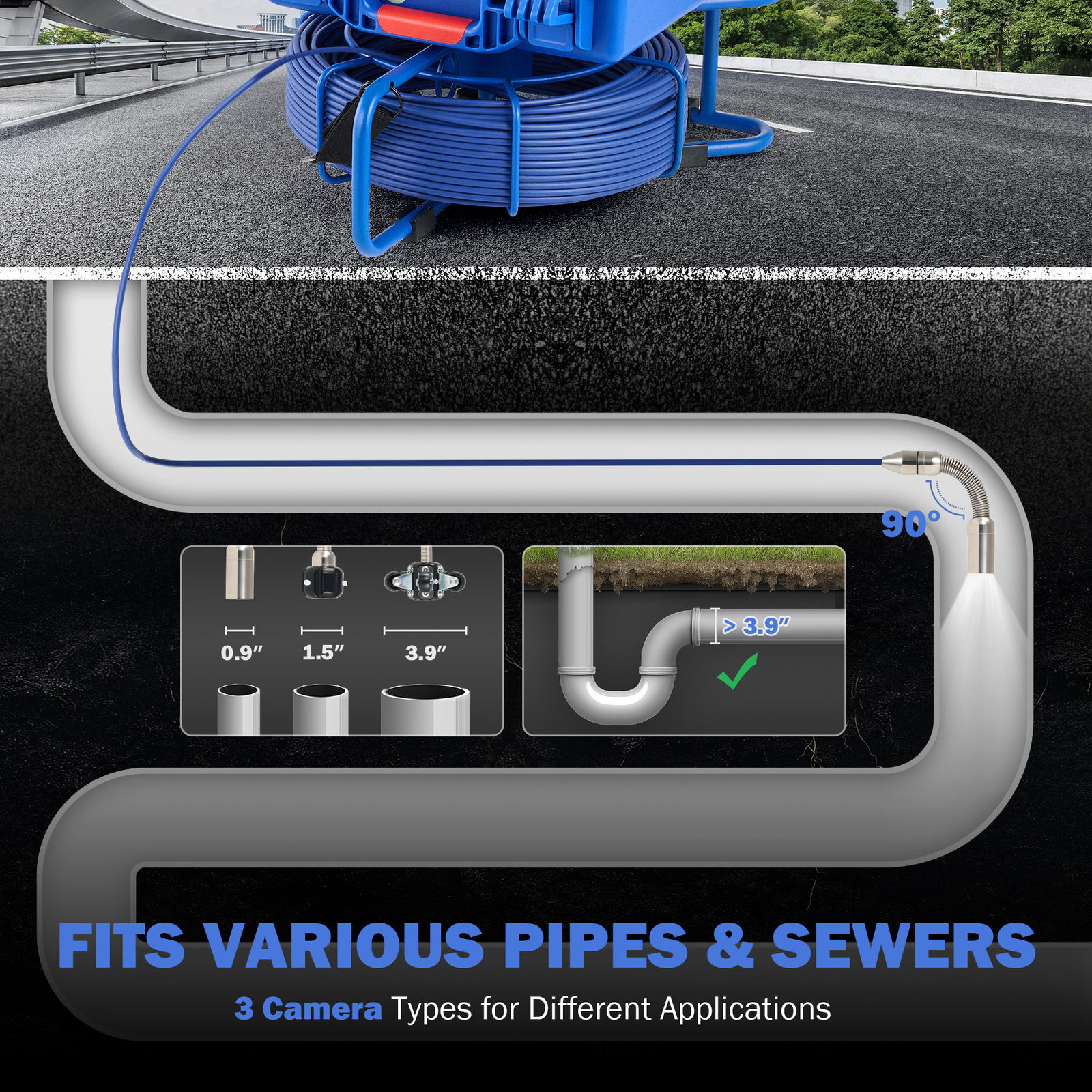 9" Self-Leveling Sewer Camera 32GB w. Locator 164ft /50m Digital Length Counter