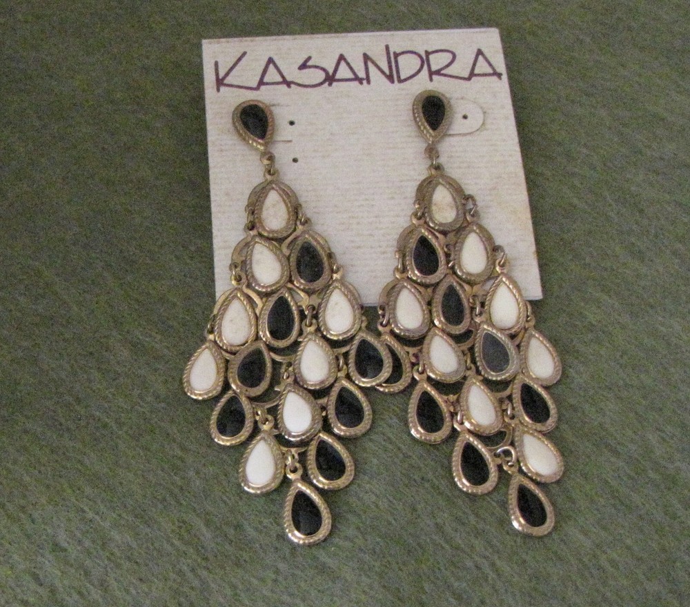 Earrings Clip On Black White Gold Tone Drop Design