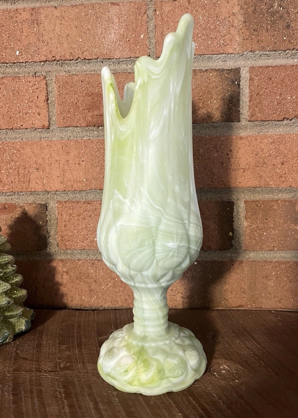 Kanawha Moon And Stars Green Slag Glass Swung Vase End Of Day ~ Rare