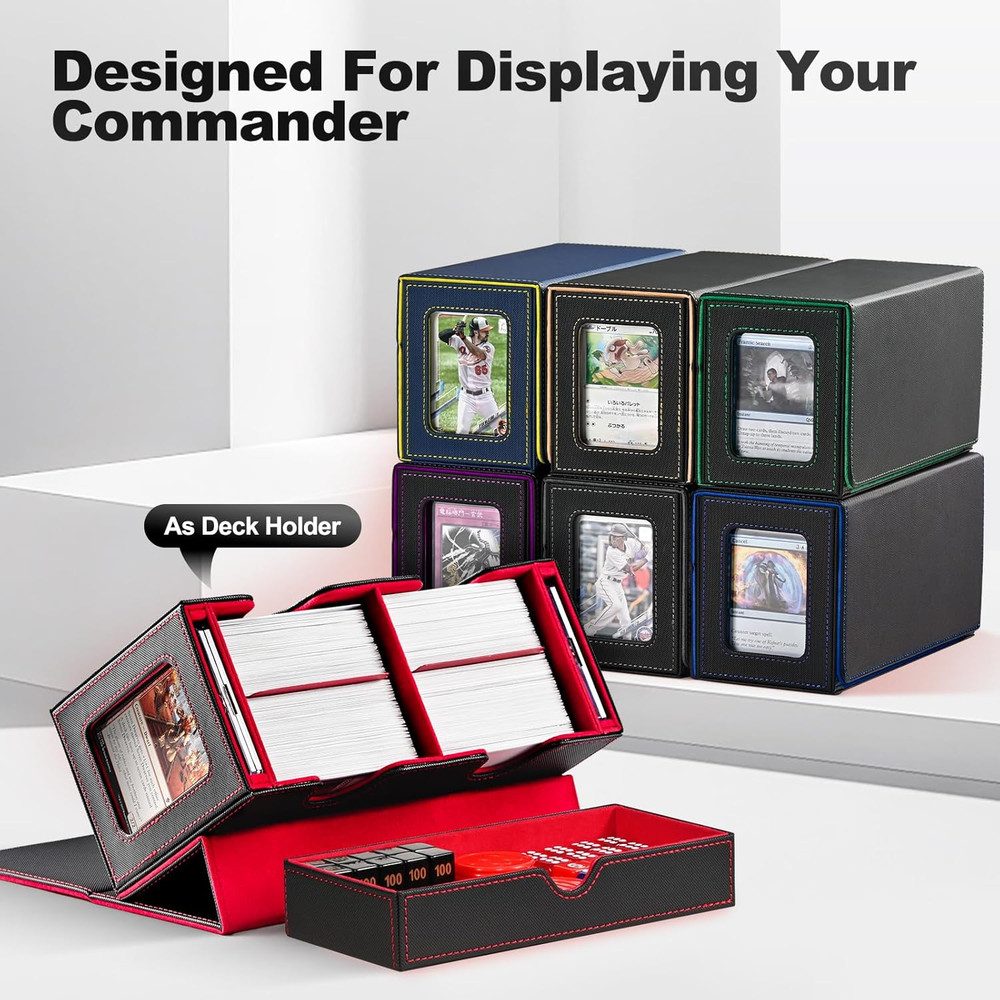 Card Deck Box for MTG, Double Storage Box with 2 Commander Display & 1 Dice Tray