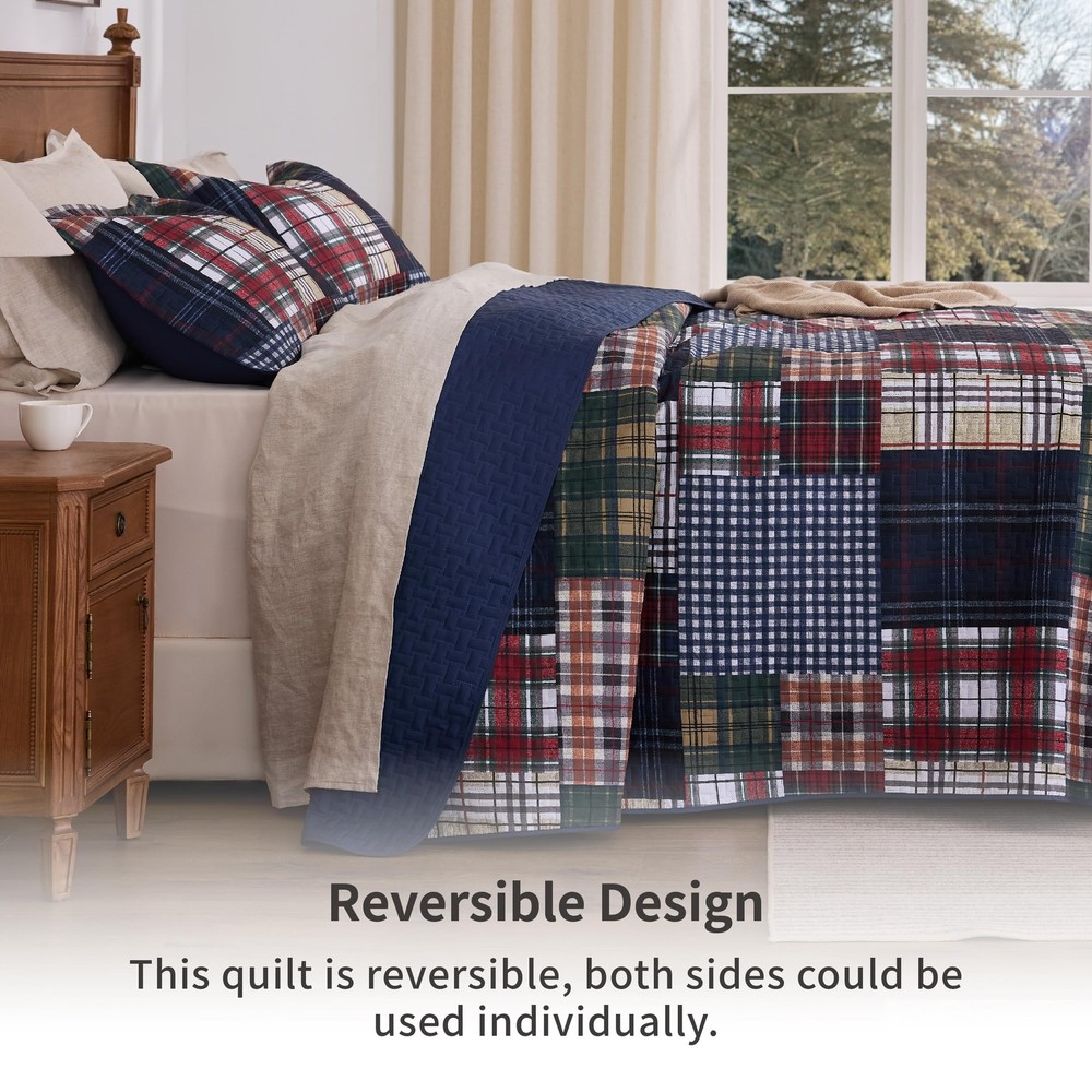 PPOLCA Patchwork Queen Quilt Bedding Set, Plaid Lightweight Queen, Dark Blue