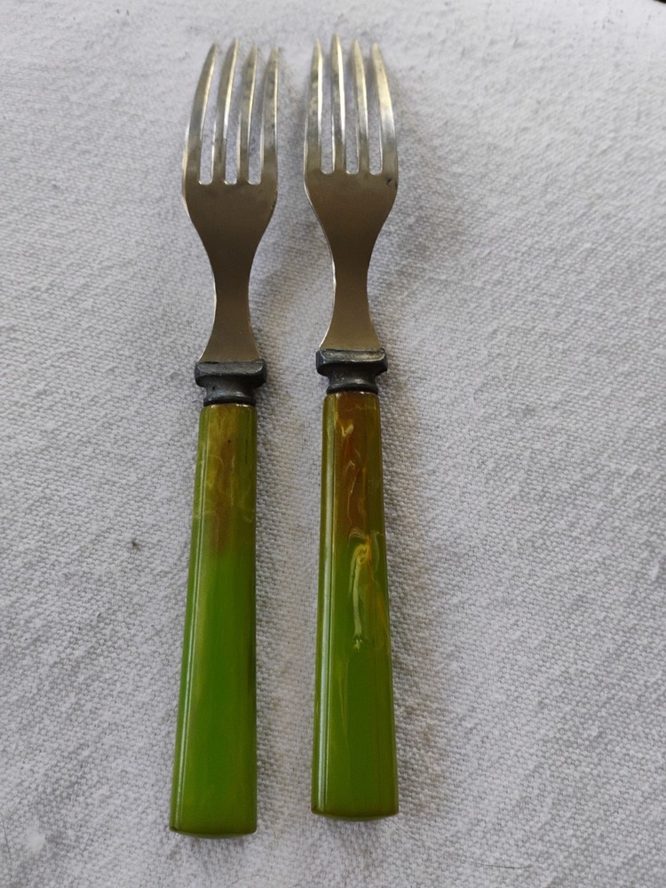 2 Vtg Green Bakelite Handled Dinner Forks Flatware