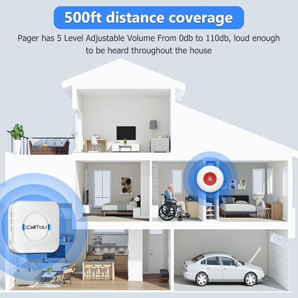 Waterproof Call Button and Receiver System for Caregivers - 55 Ringtones