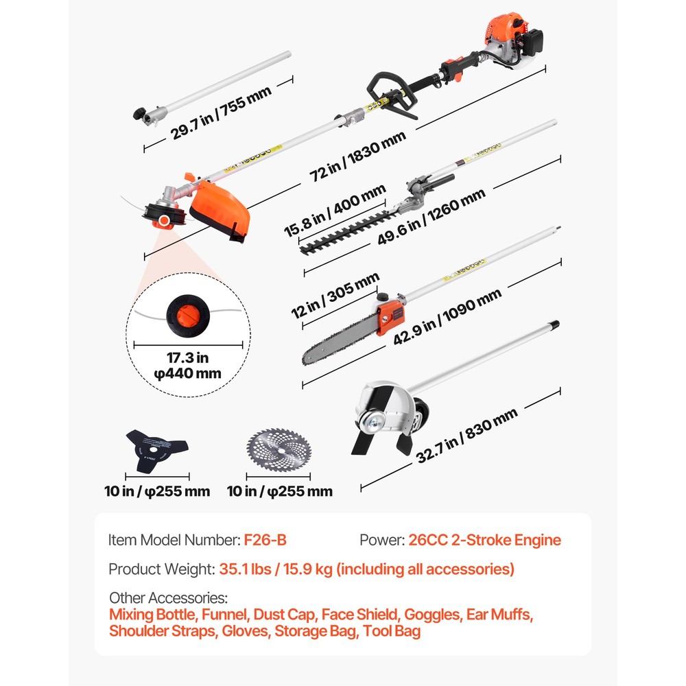 26cc Gas Hedge Trimmer, 7-in-1 Multi-Function w/ Pole Saw, Brus…