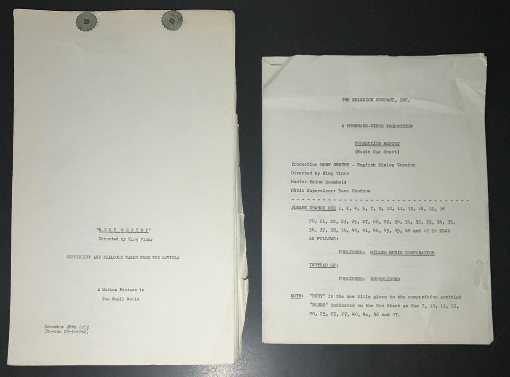 RUBY GENTRY (1952) King Vidor Dialogue & Continuity Scripts+SELZNICK COPIES+COA!