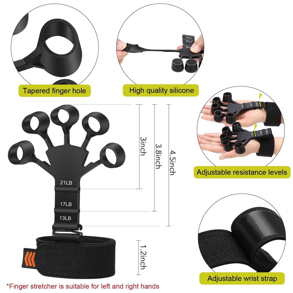 Grip Strength Trainer Kit 6 Pack with Finger Exerciser, Hand black grey
