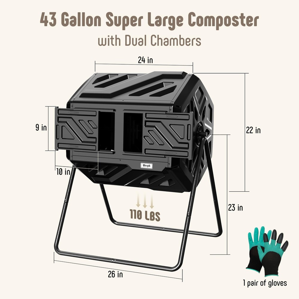 43 Gallon Compost Bin with Gloves, Fast Assembly & Easy Setup Outdoor Compost...