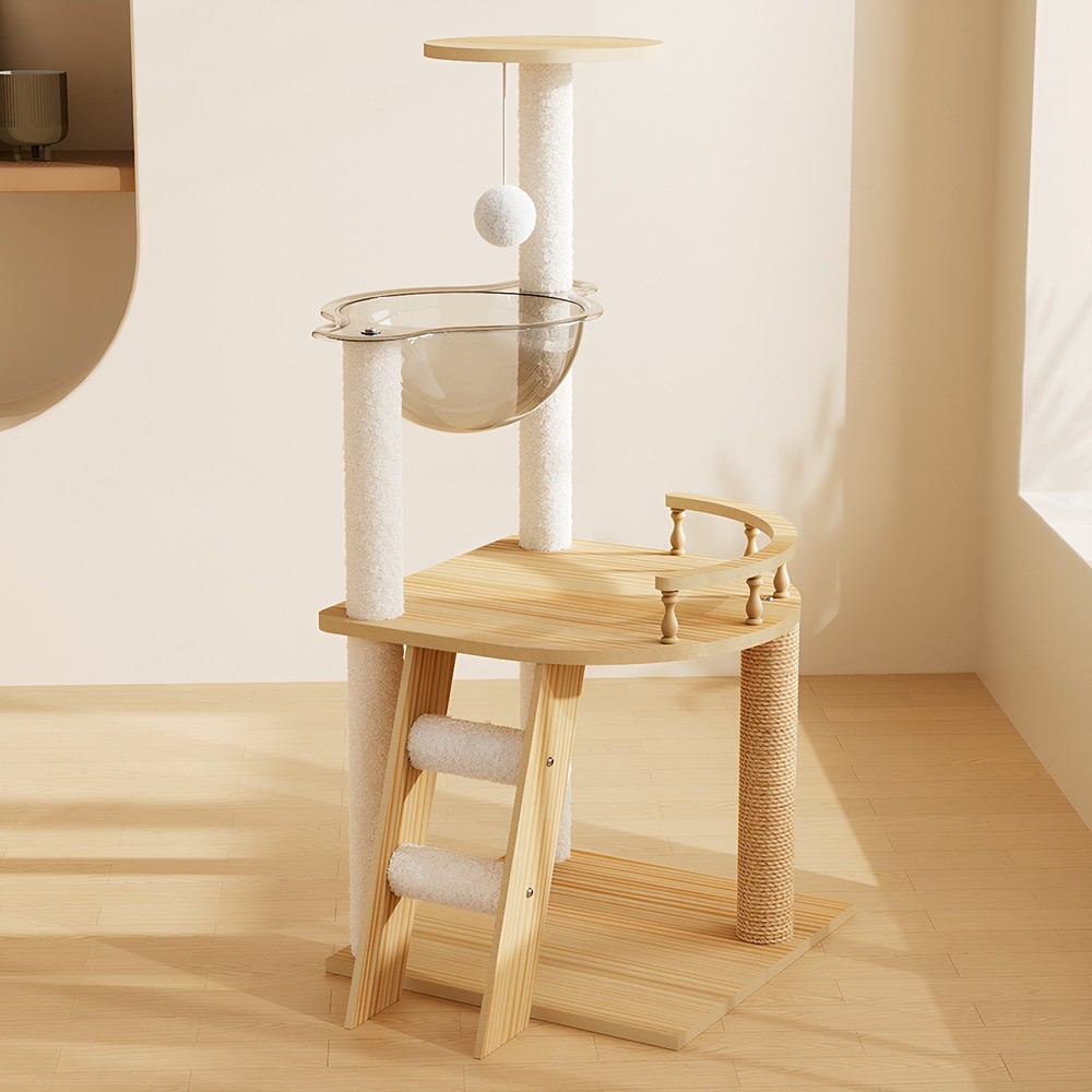 Modern Cat Tower 41.3" Wood Cat Tree with Scratching Posts Perch Hammock