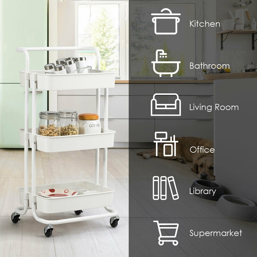 3 Tier Rolling Cart W/Wheels Practical Handle&ABS Storage Basket Organizer White