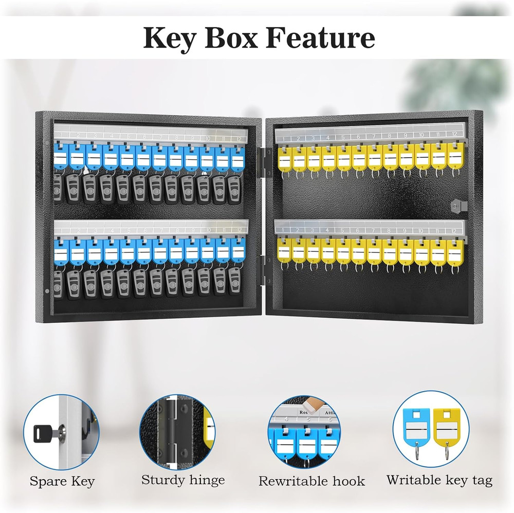 Key Lock Box Wall Mount, 48 Key Cabinet Security Combination Lockbox with Key Ta