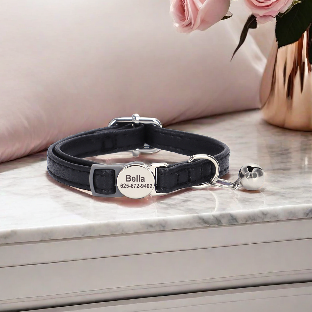 Personalized Cat Collar Puppy Kitten Engraved Name Tag Soft Leather Adjustable