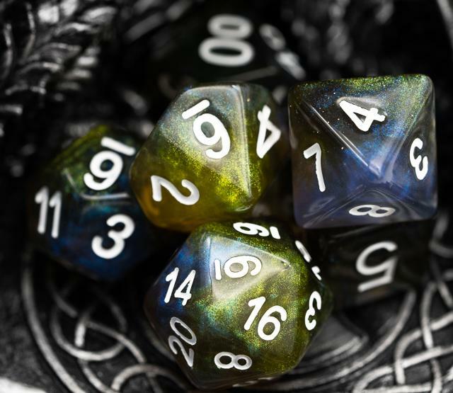 Yellow & Blue w/white Galaxy Glitter 7-Dice Set RPG