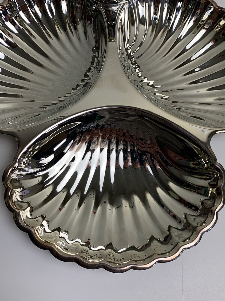 Vtg Seashell Silver Serving Tray Dip Cup Birks Regency Plate Shell Fish Formal