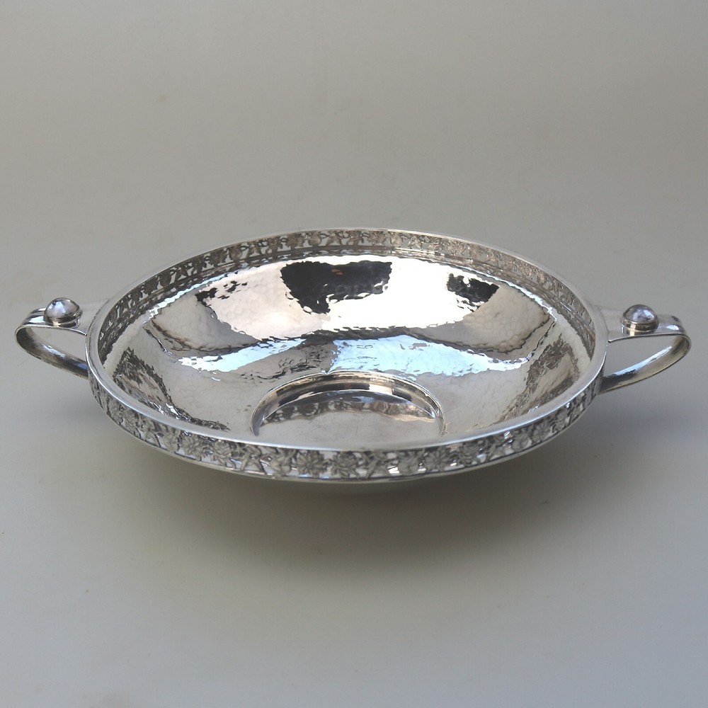 Extremely rare A E Jones cabochon set Arts & Crafts solid silver Bowl 252g 1910