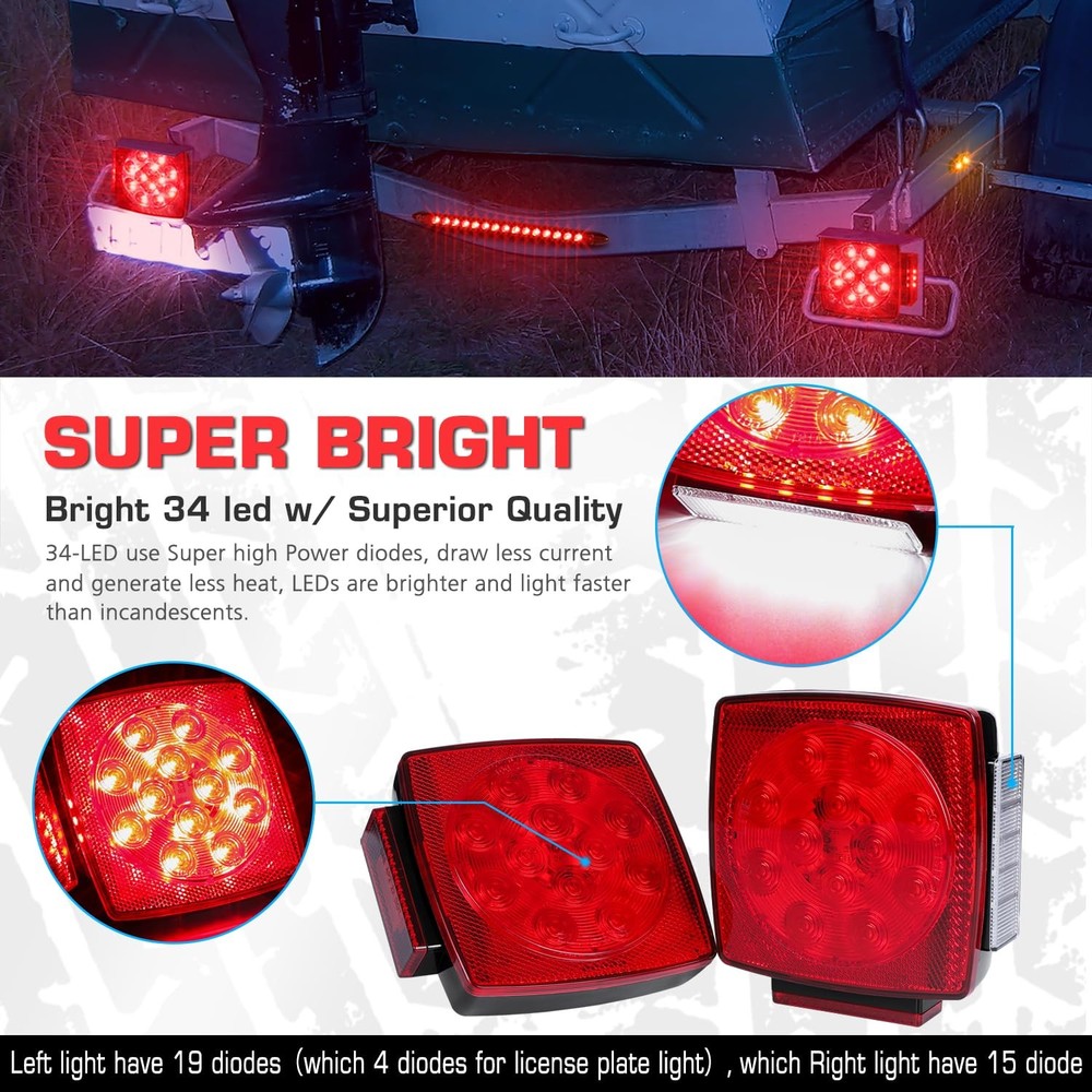 LINKITOM Submersible LED Trailer Tail Light Kit - Brake/Stop/Turn/Reverse