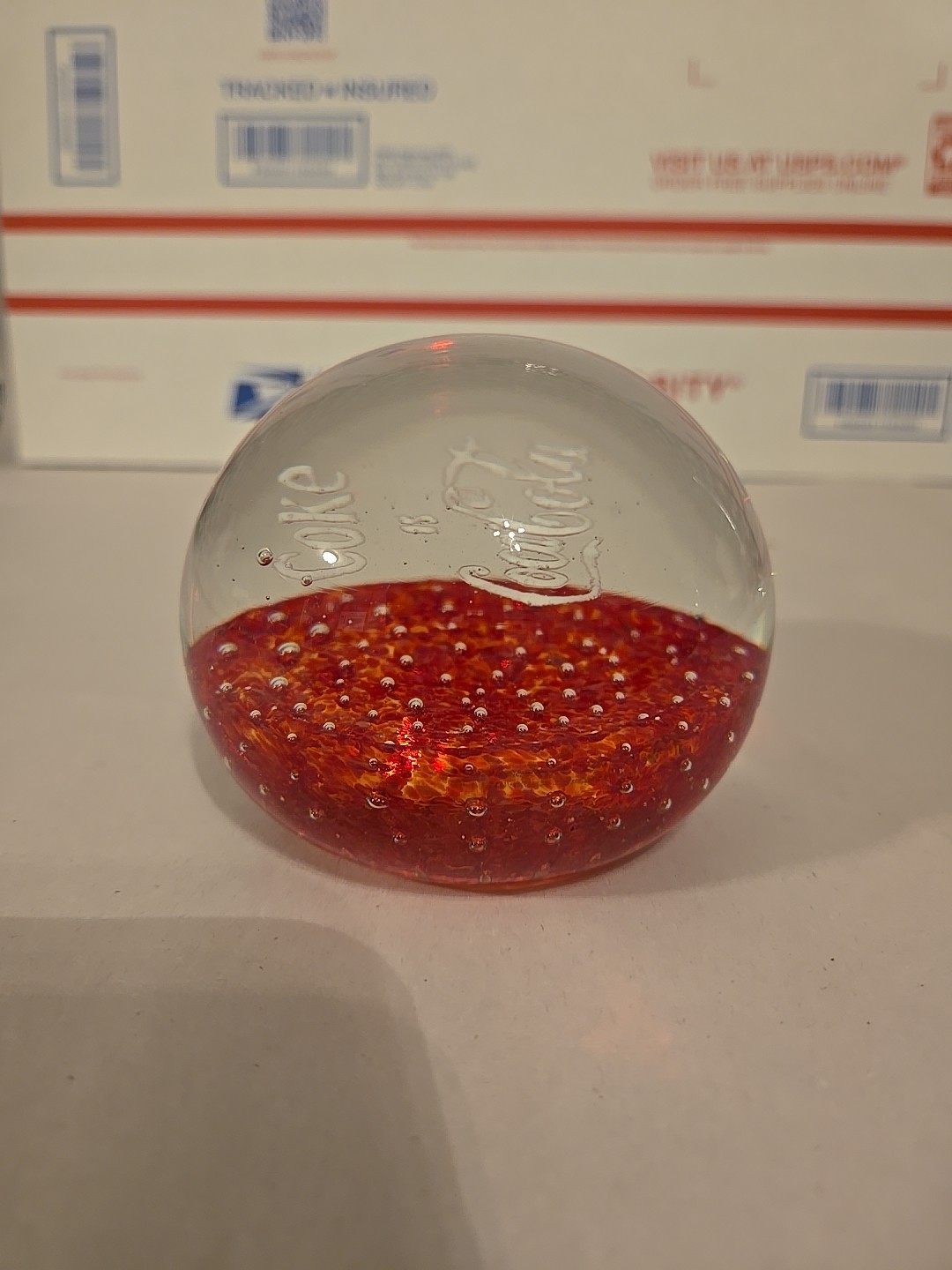 VINTAGE Red COKE IS COCA-COLA PAPERWEIGHT Clear Red With White Lettering
