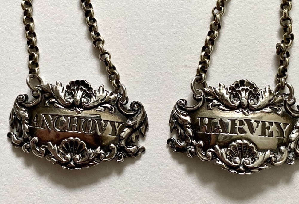 Antique SILVER BOTTLE LABLES - Pair, Harvey & Anchovy, Solid Silver (5I12)