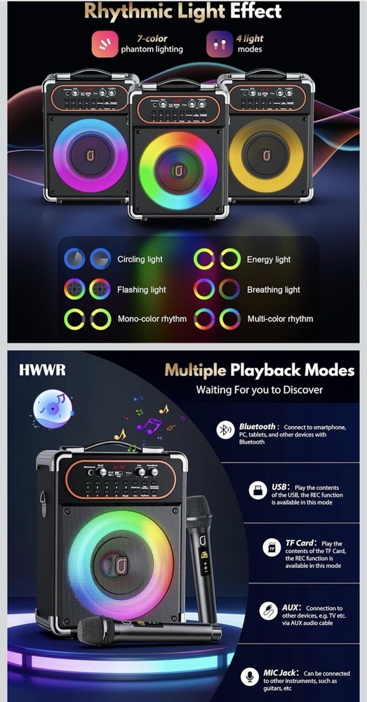 Karaoke Machine, Portable Bluetooth 5.3 Speaker with 2 Wireless Microphones for