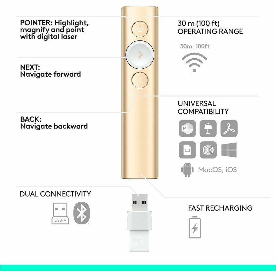 Logitech Spotlight Presentation Remote Gold Laser Bluetooth 30m