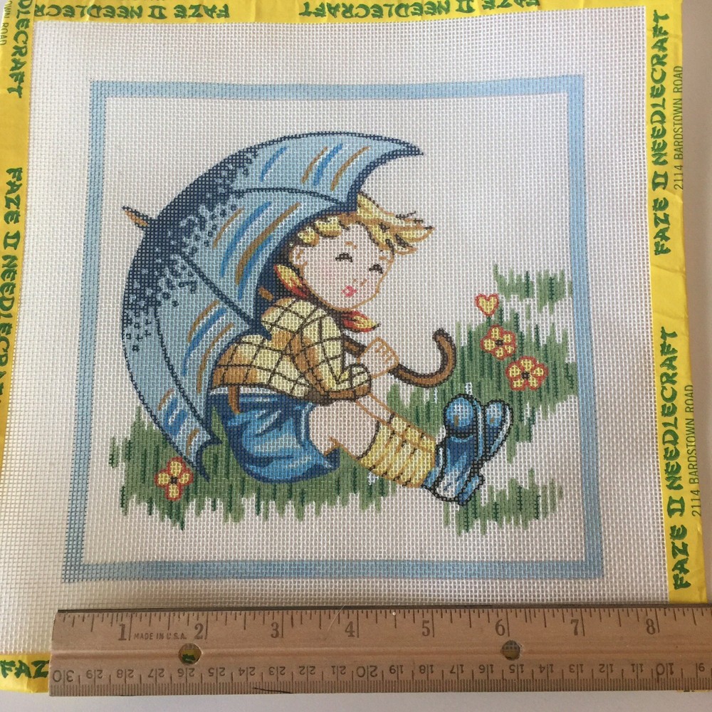 Needlepoint Canvas Boy With Umbrella