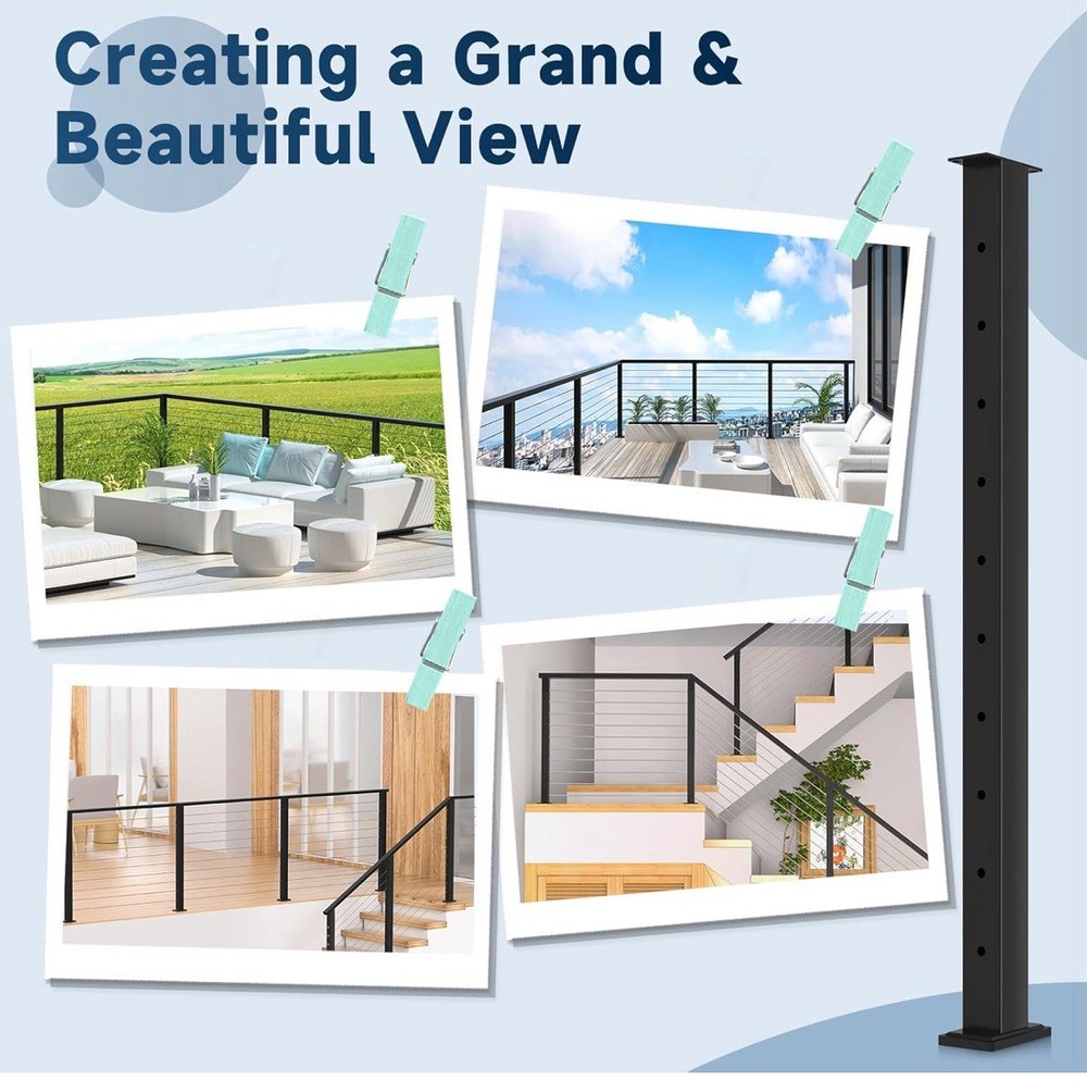 Cable Railing Deck Post 36" Fixed Flat Top Mount Level Drilled Cable Grommet 2PC