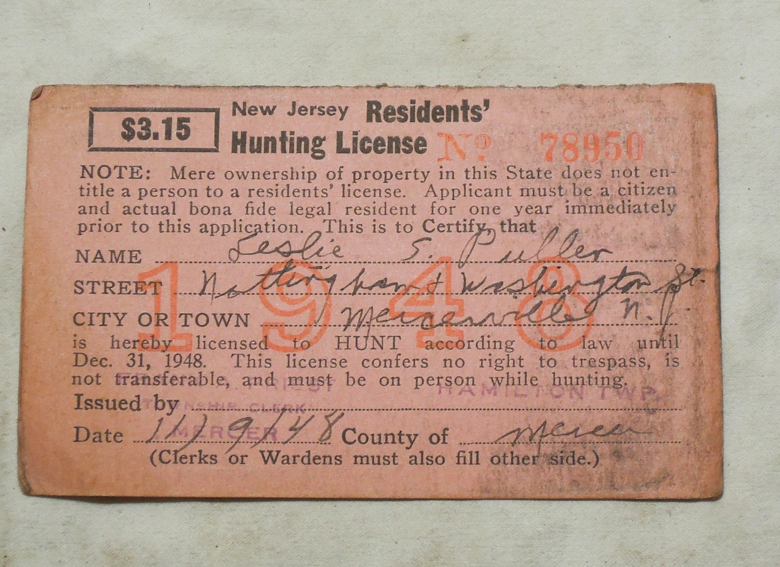 Vintage 1948 New Jersey Resident Hunting License Mercer County  NJ resident
