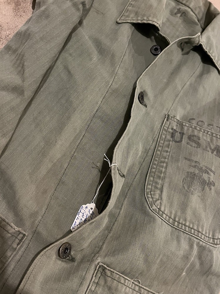 WW2 USMC HBT Jacket P-41 Stenciled Size 41 Thrashed Distressed Named