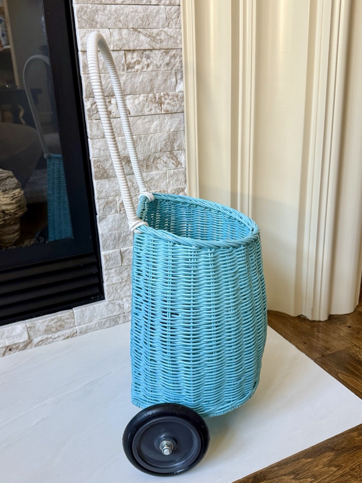 Antropologie Olli Ella Blue Rattan Luggy Cart Trolly Children Kids Wheel Basket