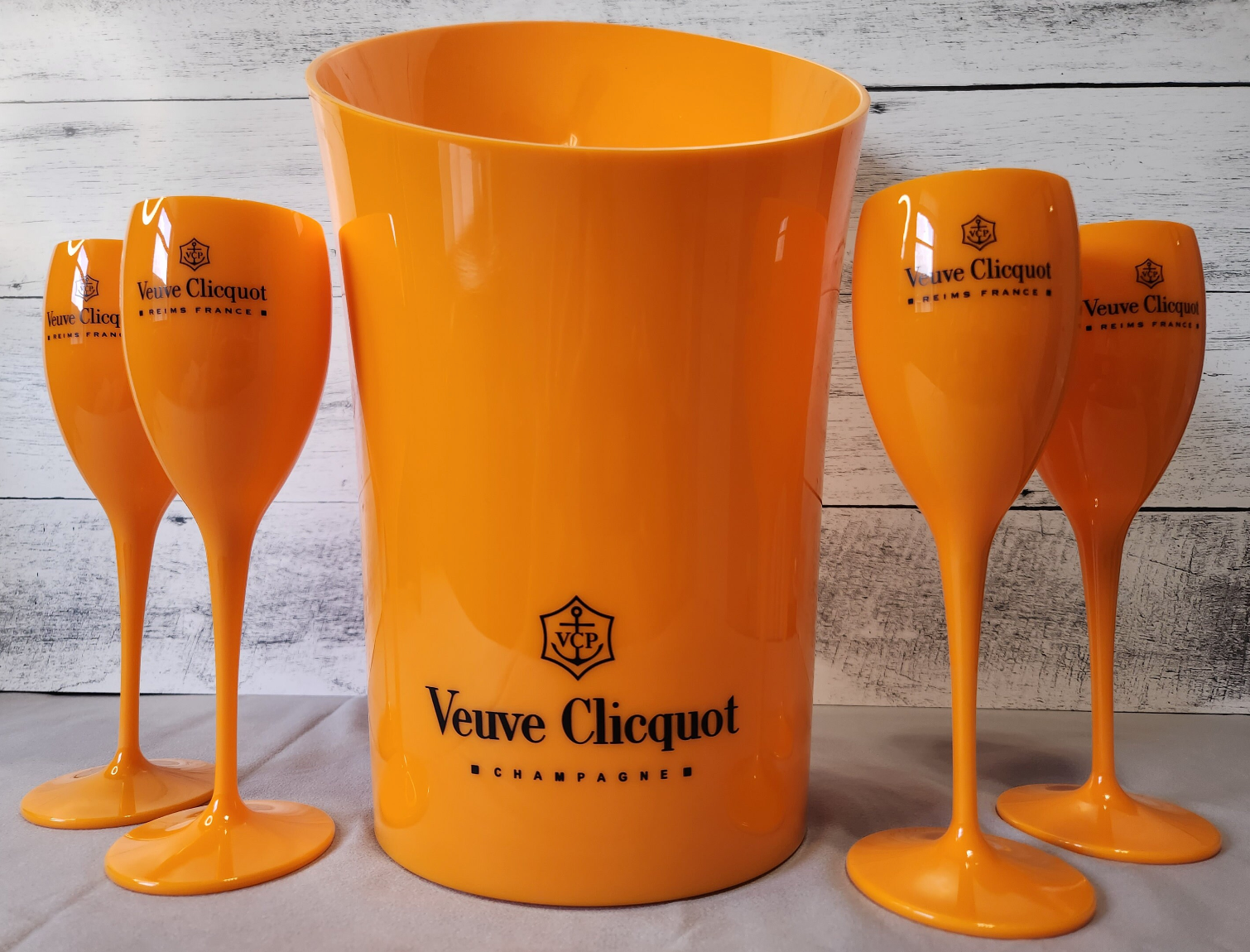 Veuve Orange Plastic Champagne Flute Glass | Matching Ice Bucket Set Options