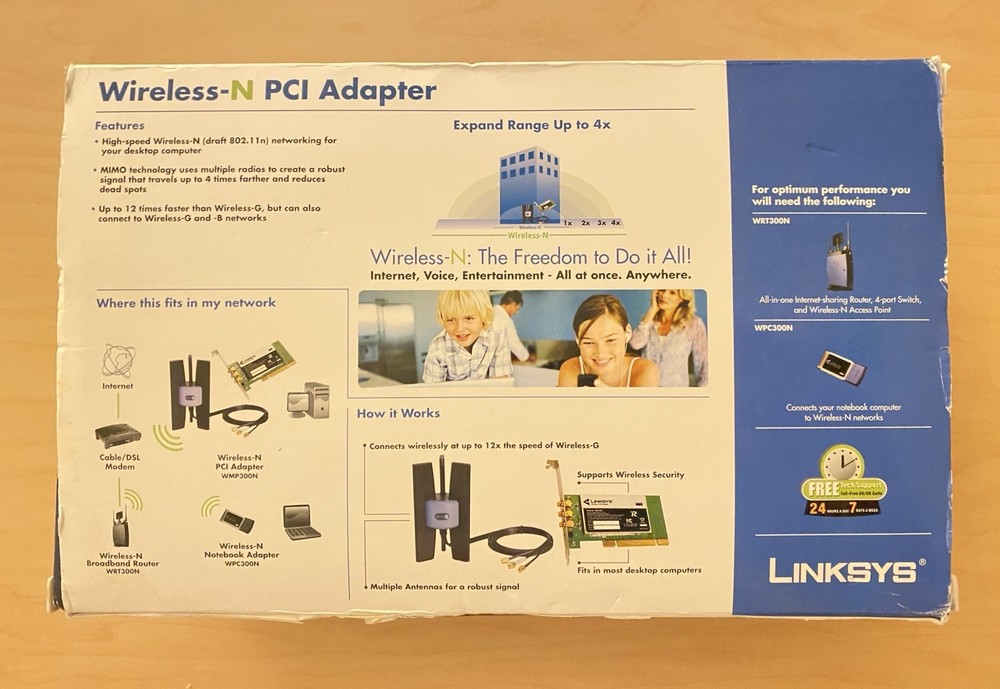 Linksys WMP300N Wireless‑N PCI Adapter With Box & Antenna Base (System Pull)