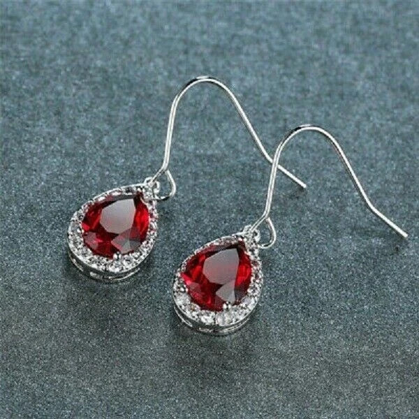 2Ct Pear Cut Lab-Created Ruby Women's Drop/Dangle Earrings 14K White Gold Plated