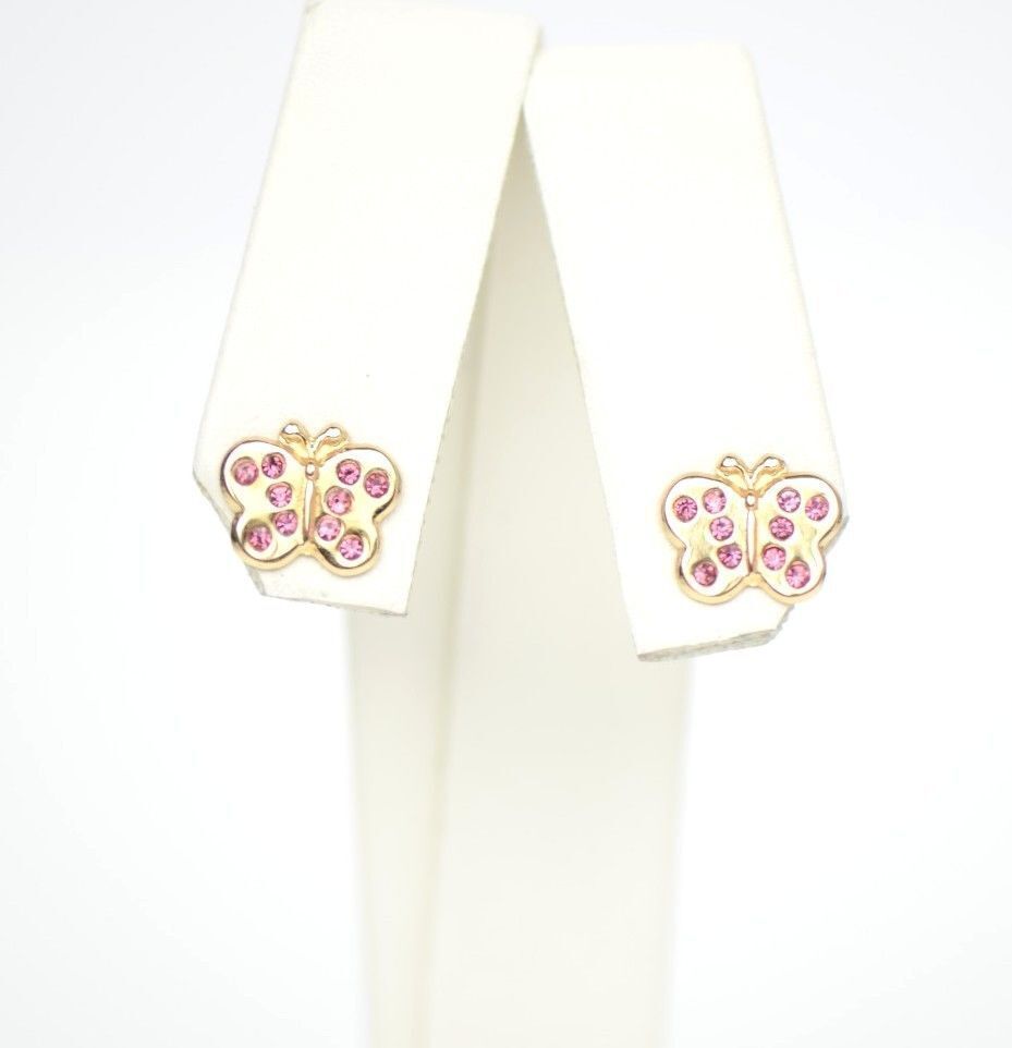 14K Solid Yellow Gold Butterfly Stud Earring with CZ
